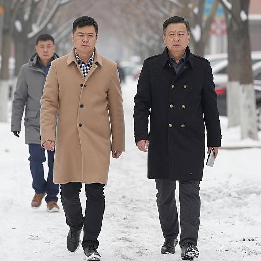 Men Strolling Through Snowy Urban Scene