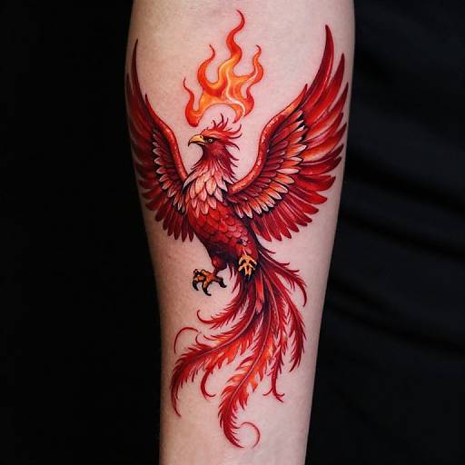 Vibrant red phoenix tattoo with flames on a pale arm; detailed feathers, fiery eyes, and intricate tail, set against a black background.