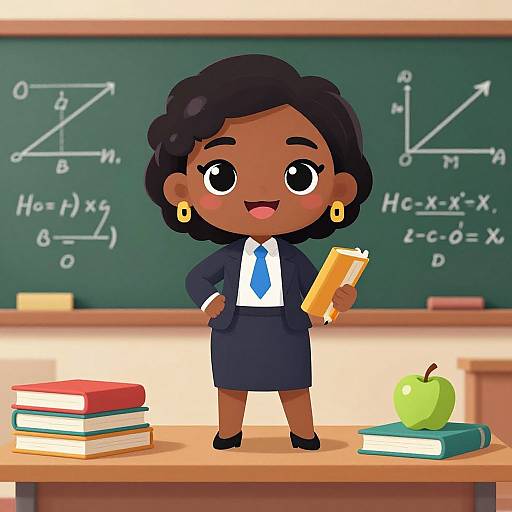 Digital cartoon of a smiling Black female teacher with dark skin, black hair, gold earrings, suit, and tie, holding a book, standing in a