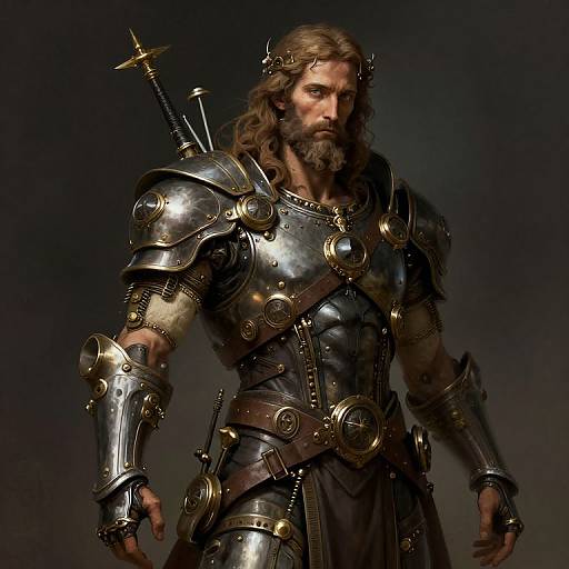 Photorealistic digital art of a rugged, bearded man in heavy, polished medieval armor with a sword on his back. Dark, moody background