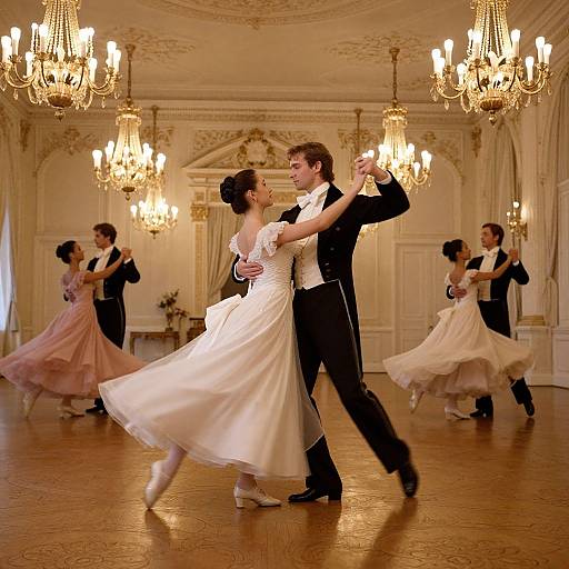 Photograph of a ballroom dance in an elegant, chandelier-lit room; a couple in white dress and black suit dance center, surrounded by