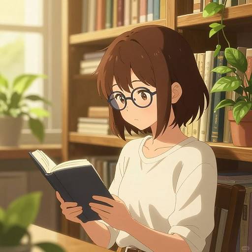 Anime-style digital drawing of a brown-haired girl with glasses, wearing a white shirt, reading a book in a sunlit library.