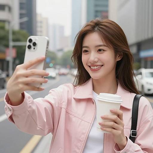 Young Woman Taking Selfie with Coffee in City