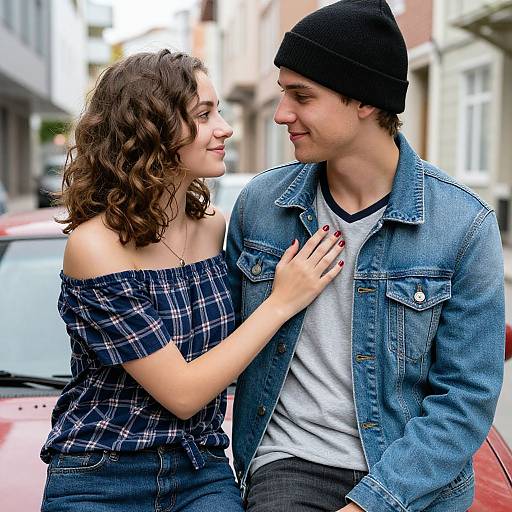 Photograph of a curly-haired woman in a plaid off-shoulder top and denim jeans, gently touching a beanie-wearing man's chest