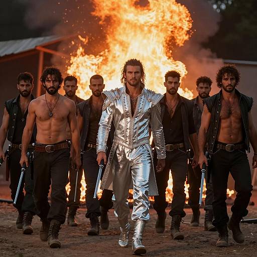 Group of Men Walking in Front of Flames