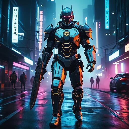 Futuristic Cyborg Knight in Neon Cyberpunk City
