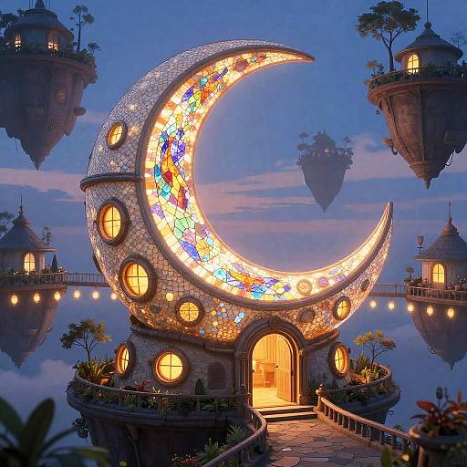 Fantastical digital artwork: glowing, mosaic crescent moon house with illuminated windows, floating above a calm lake at twilight, surrounded by floating islands with