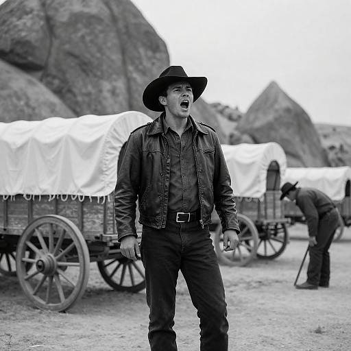 Dynamic Western Scene with Covered Wagons