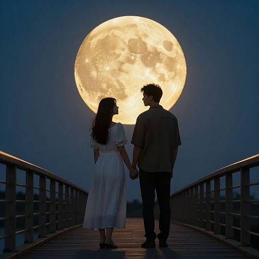 Silhouetted couple holding hands on a bridge, facing a glowing full moon; woman in white dress, man in dark shirt. Photographic image