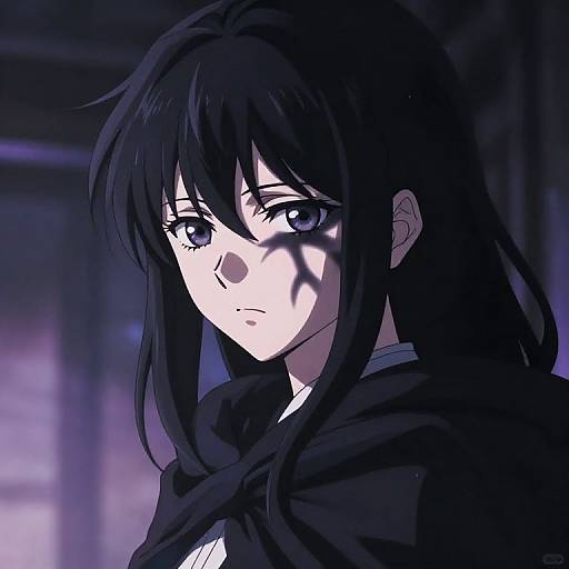 Anime-style digital drawing of a serious, dark-haired girl with blue eyes, wearing a black cloak, shadowed by a dark, mysterious figure. Purple
