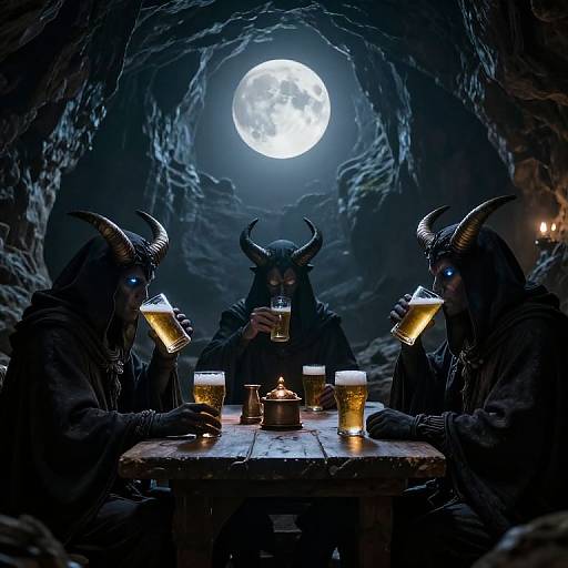 Photograph-style digital art: Three horned, dark-robed demonic figures drink beer in a dimly lit, cave-like setting with a bright full