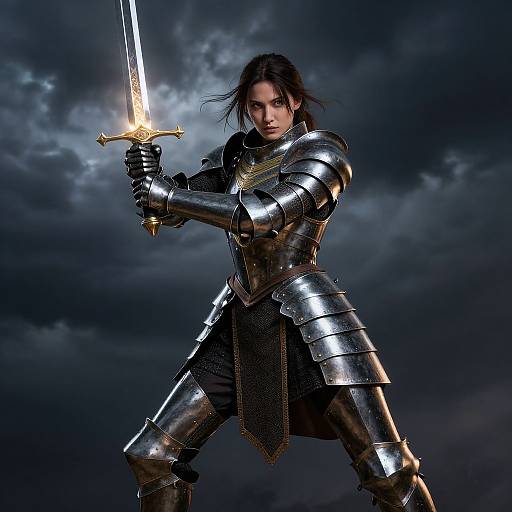Digital art of a fierce, dark-haired warrior in shiny silver armor, holding a glowing sword, against a stormy, dark sky.