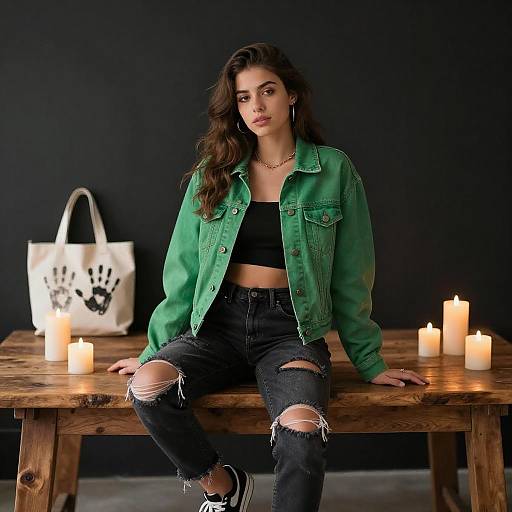 Young Woman Sitting on Rustic Table