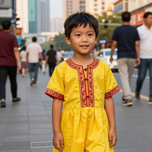 Young Boy in Vibrant Yellow Dress