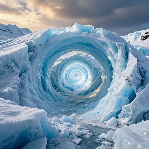 Photograph of a glowing, icy blue glacier cave with a bright, swirling light at its center, set against a cloudy, sunset sky.