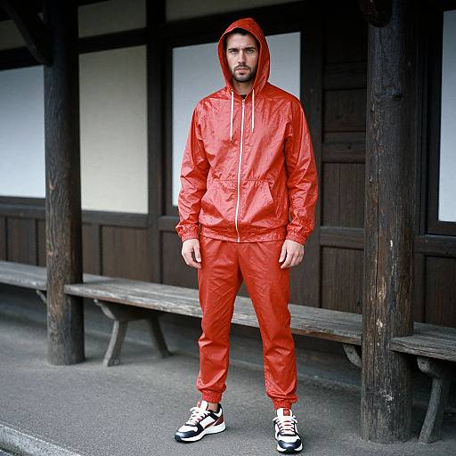 Photograph of a bearded man with a medium build, wearing a red hooded jacket and pants, black and white sneakers, standing in front of