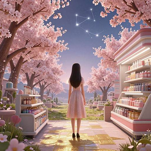 Digital artwork of a girl in a pink dress, standing in a sunlit cherry blossom-lined path, facing two brightly-lit candy shops.