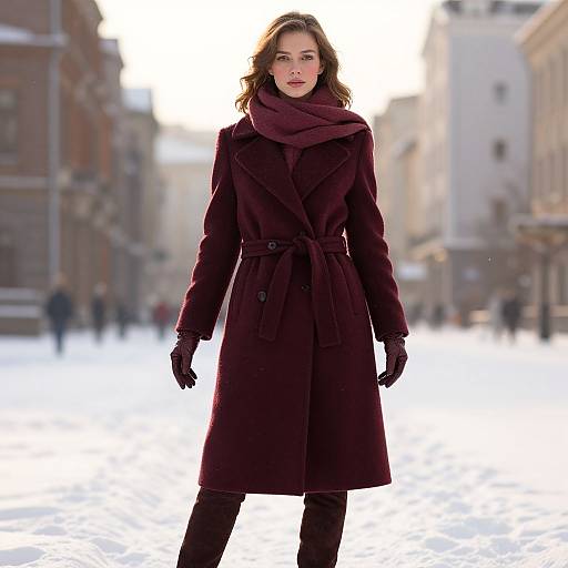 Photograph of a young woman with wavy brown hair, wearing a dark purple coat with a scarf, gloves, and black pants, standing in a