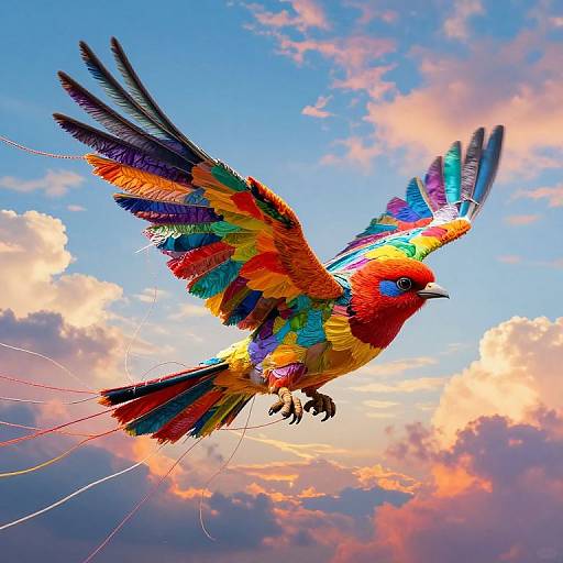 Vibrant, multicolored bird with rainbow feathers flying against a bright, cloudy sky. The bird's wings are fully spread, showcasing vivid blues