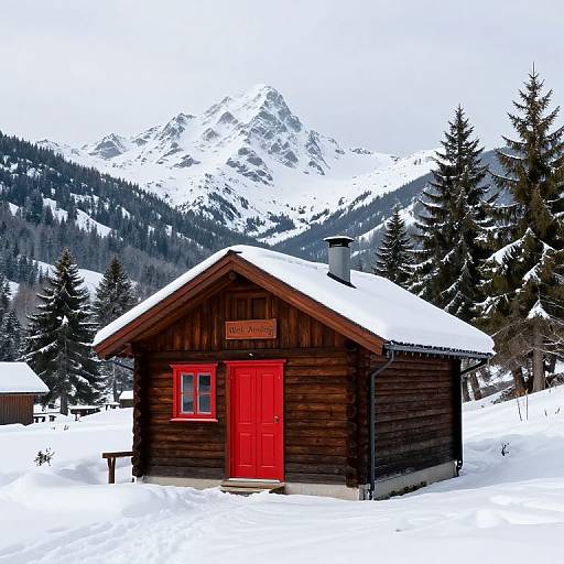Photograph of a small wooden cabin with a bright red door and window, surrounded by snow-covered mountains and pine trees.
