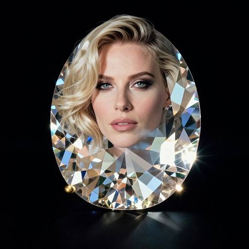 Photograph of a blonde woman with blue eyes, flawless makeup, and wavy hair, framed by a sparkling round cut diamond.