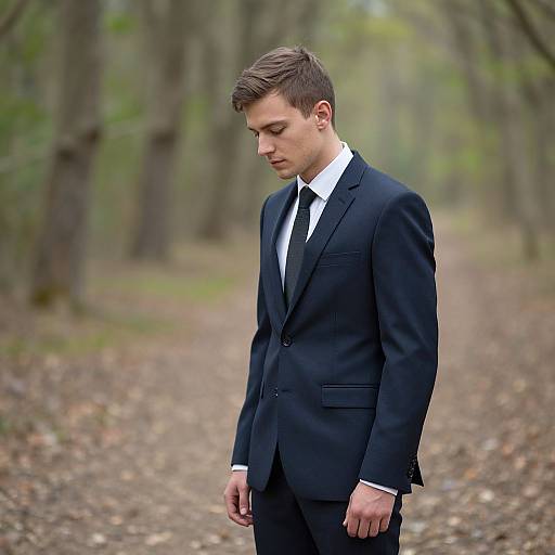 Photograph of a young Caucasian man with short brown hair, wearing a black suit, white shirt, and black tie, standing in a blurred, forest