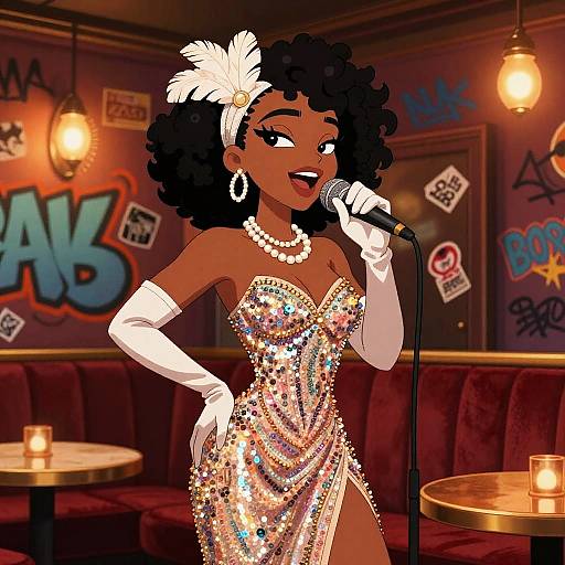 Digital illustration of a dark-skinned woman with curly hair, wearing a sparkling sequin dress, white gloves, pearl necklace, and flower headpiece,