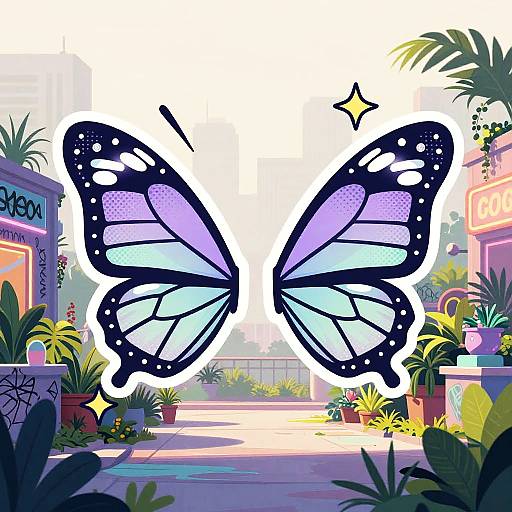 Vibrant digital illustration of a large, purple and blue butterfly with black spots, flying over a colorful, sunlit urban garden with potted plants