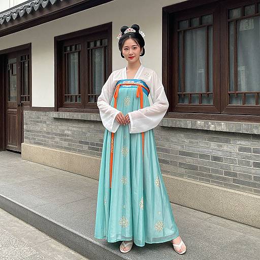 Photograph of a Korean woman in traditional hanbok with blue dress, white blouse, orange ribbon, and black hair buns, standing in front