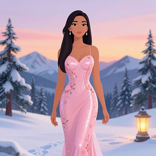 Digital illustration of a beautiful, dark-haired woman in a pink, floral-embellished evening gown, standing in a snowy mountain landscape at sunset,