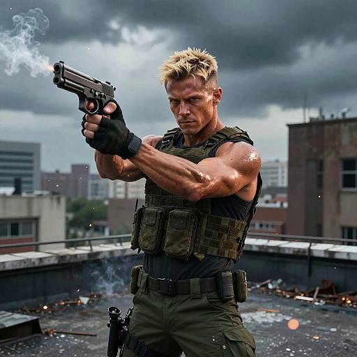 Cinematic Action Hero on Rooftop