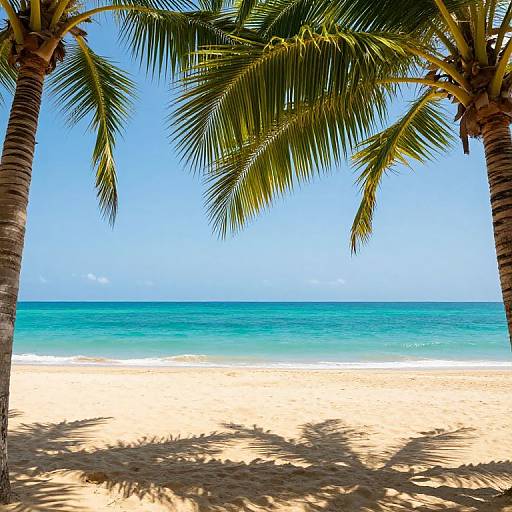 Photograph of a tropical beach with clear blue sky, turquoise ocean, white sandy shore, and two tall palm trees framing the scene.