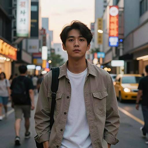 Photograph of an Asian man with short black hair, wearing a beige jacket and white shirt, standing in a bustling urban street at dusk, with blurred