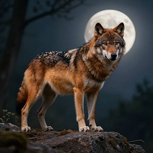 Photograph of a German Shepherd-like wolf standing on a rock under a full moon, with dark, forested background and silhouetted trees.