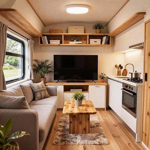Photograph of a cozy, wood-paneled tiny trailer interior with a gray sofa, wooden coffee table, small potted plants, TV, kitchenette