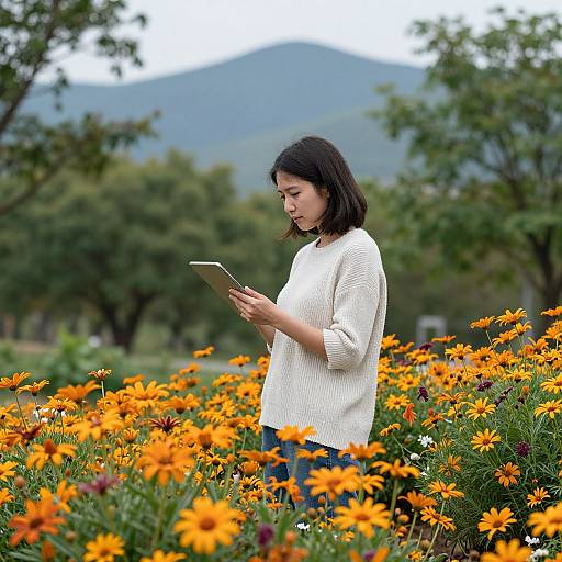 Photograph of an Asian woman with shoulder-length black hair, wearing a white sweater, standing in a vibrant orange flower field, focused on a tablet.