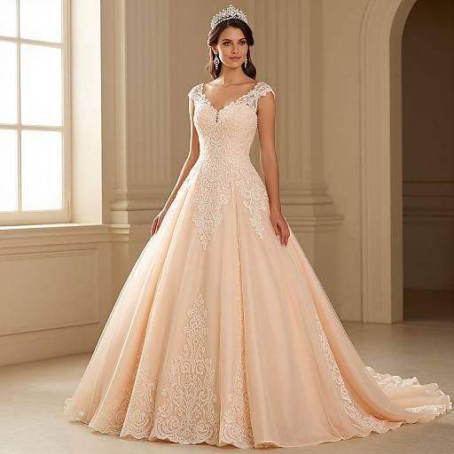 Photograph of a beautiful woman in an elegant, ivory lace wedding gown with a full skirt and tiara, standing in a sunlit, elegant room