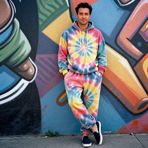 Photograph of a man with short dark hair, wearing a colorful tie-dye hoodie and pants, black sneakers, leaning against a vibrant graffiti wall.
