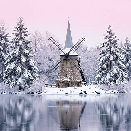 Photograph of a snow-covered windmill with a pointed roof, surrounded by snow-laden evergreen trees, and reflecting on a calm, icy lake