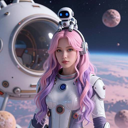 Digital art of a pink-haired woman in a white spacesuit with a robotic headpiece, standing in front of a space station against a starry,