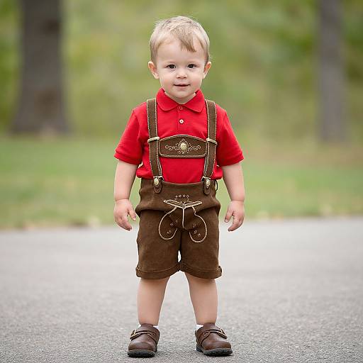 Photograph of a smiling blond toddler in a red shirt, brown shorts with suspenders, and brown shoes, standing on a paved path in a green