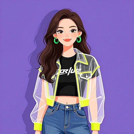 Digital illustration of a smiling woman with long brown hair, green hoop earrings, black crop top, translucent jacket, and blue jeans, against a purple background