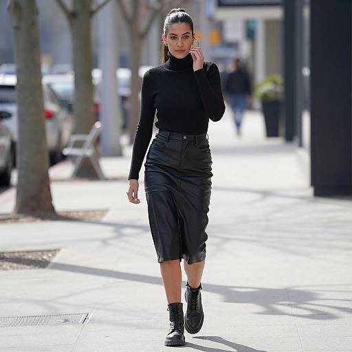 Woman in Black Leather Skirt Walking on Urban Sidewalk
