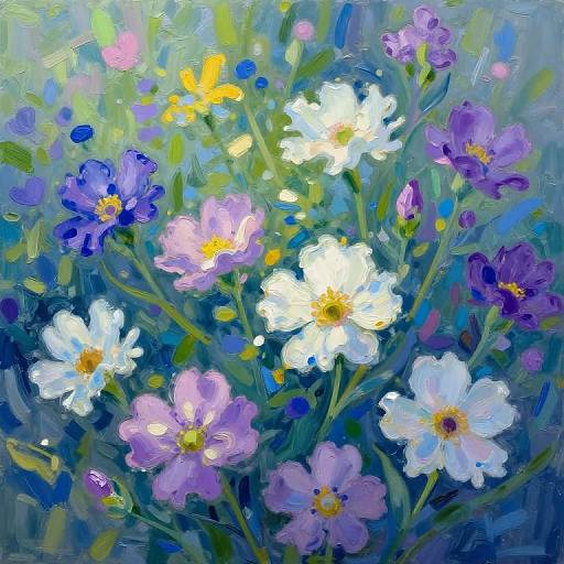 Vibrant oil painting of a wildflower bouquet featuring white, purple, and blue flowers with yellow centers, set against a lush green and blue background