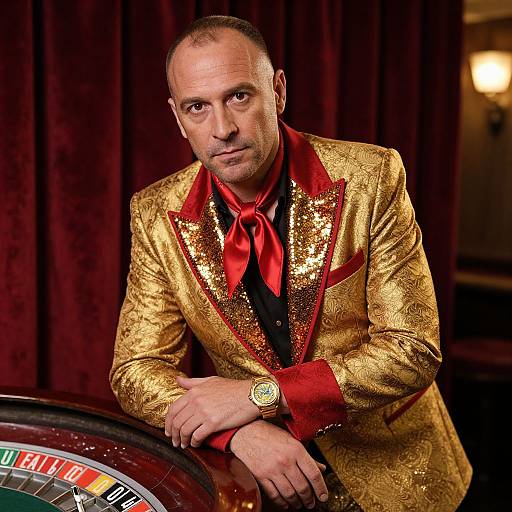 Photograph of a bald, middle-aged man in a shimmering gold sequin suit with red accents, red bowtie, leaning on a roulette table