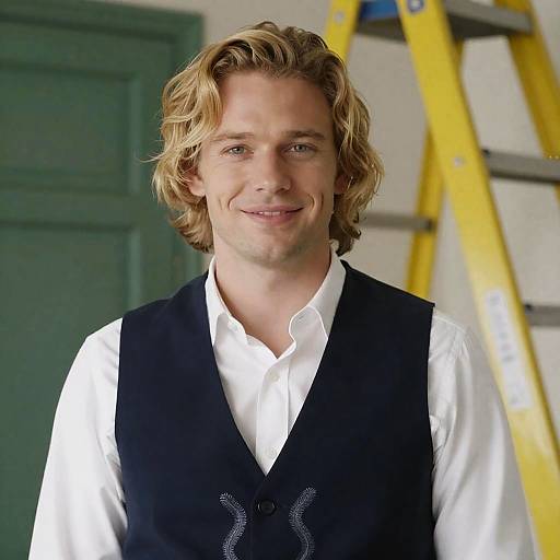 Smiling Blonde Man in White Shirt and Blue Vest