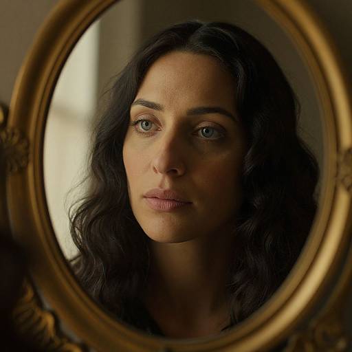 Photograph of a serious-looking woman with long, wavy black hair and blue eyes, reflected in an ornate gold-framed mirror.