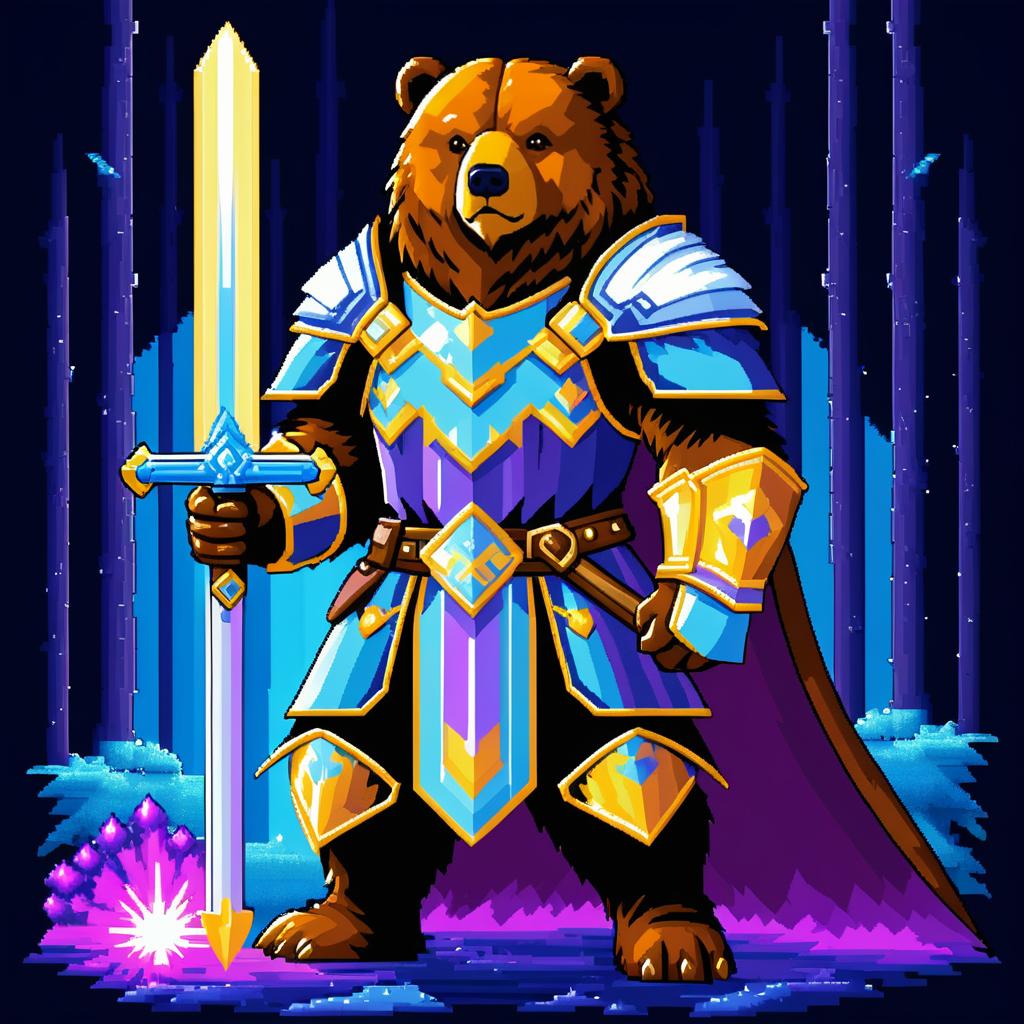 Pixel Art Bear Paladin with Holy Sword