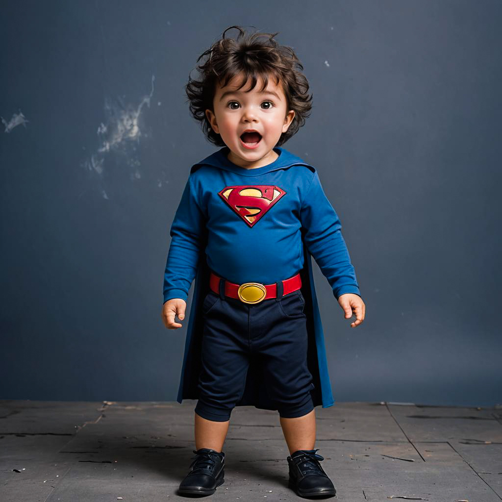 Surprised Little Boy in 80s Superhero Costume