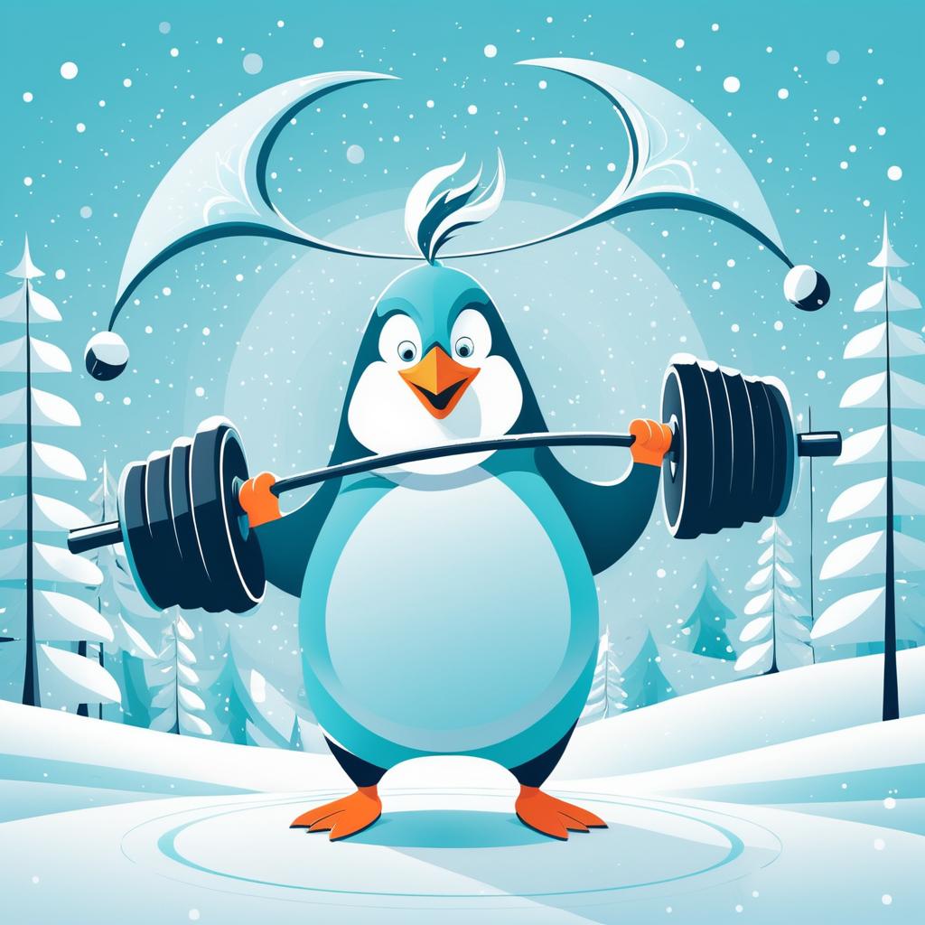 Whimsical Muscular Penguin Lifting Barbell